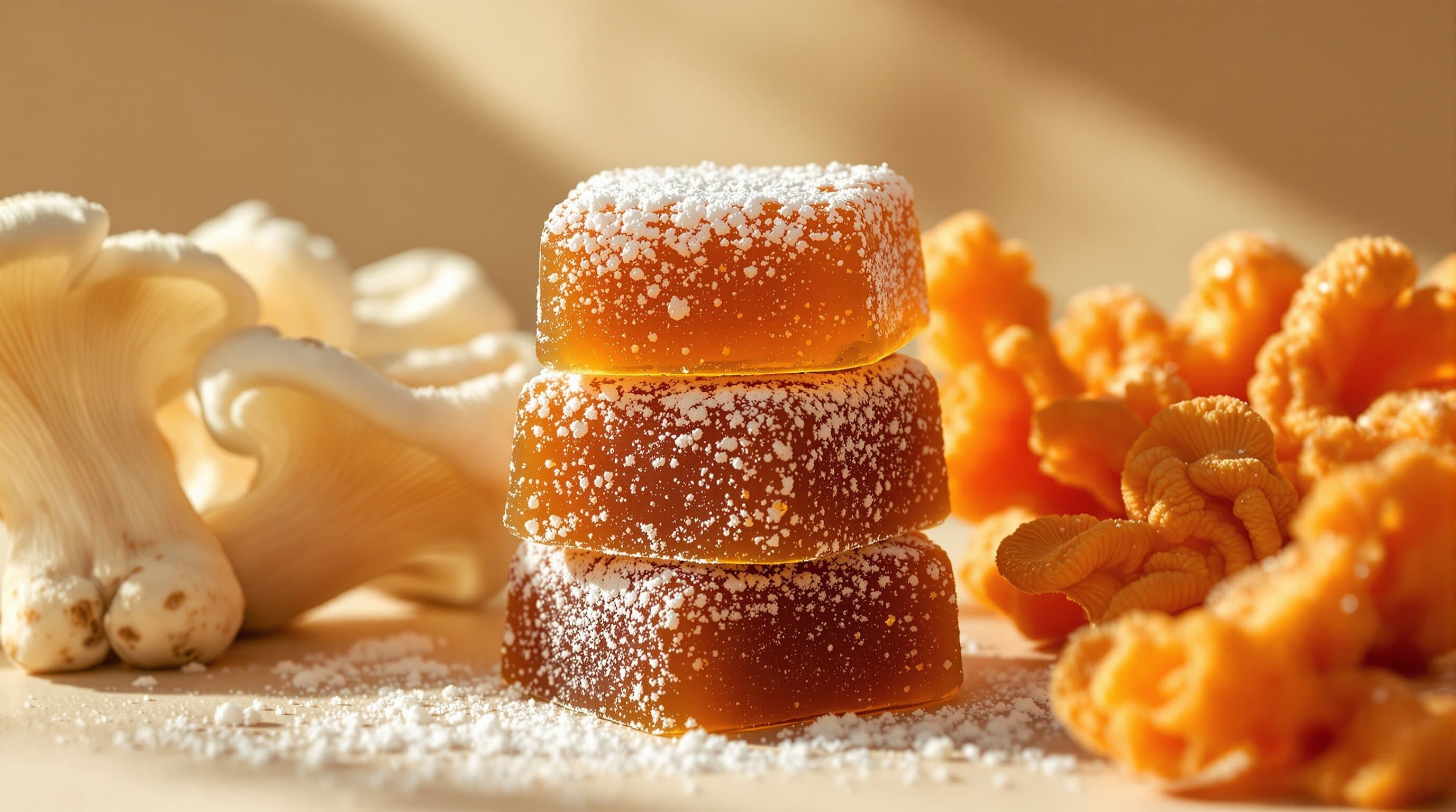 Functional mushroom gummies surrounded by lion's mane and cordyceps