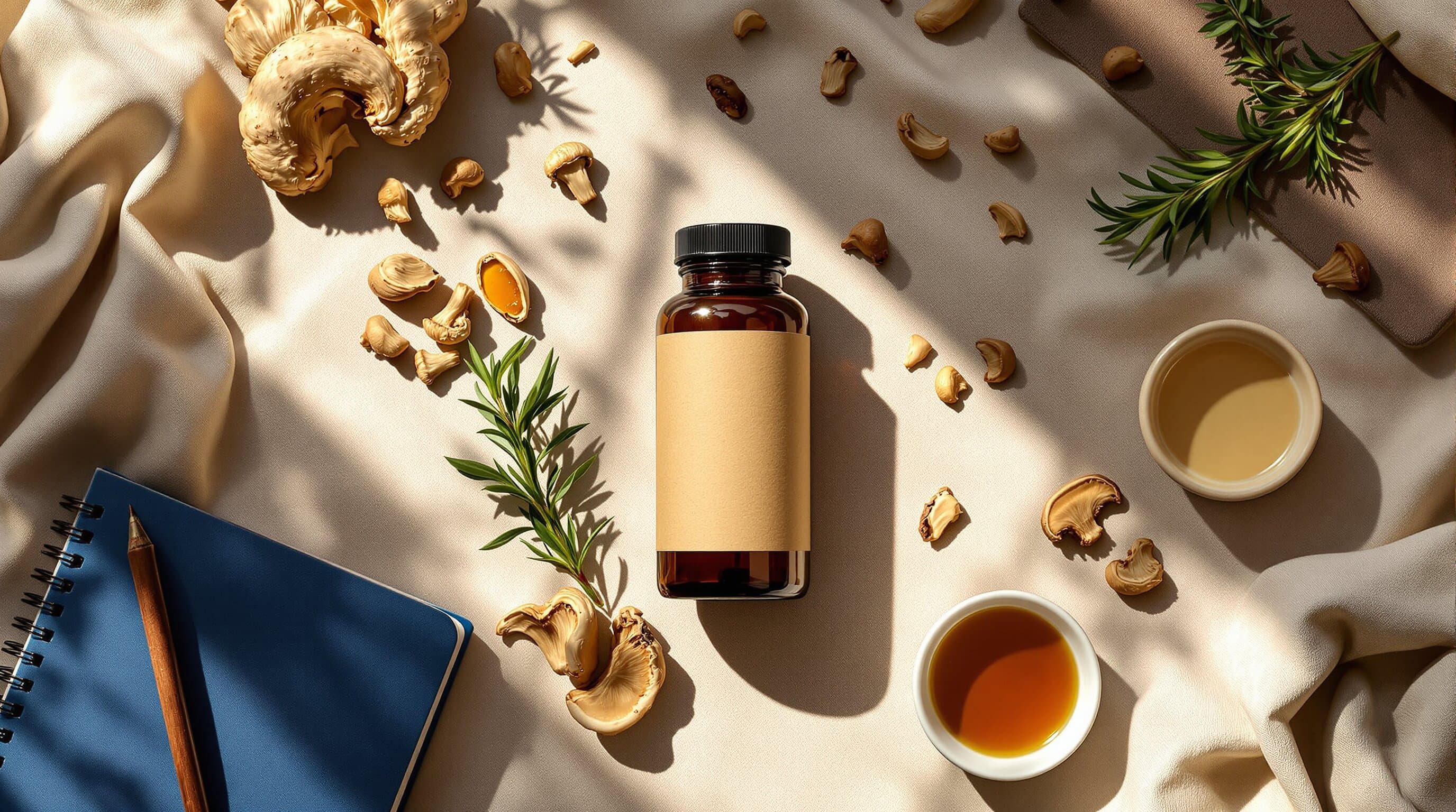 Apothecary flat-lay: amber supplement bottle, dried medicinal mushrooms, rosemary, honey